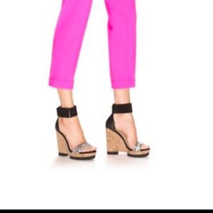 JIMMY CHOO NESTON CORK WEDGE SANDALS Steel & BLACK LEATHER Preloved Auth SZ38.5